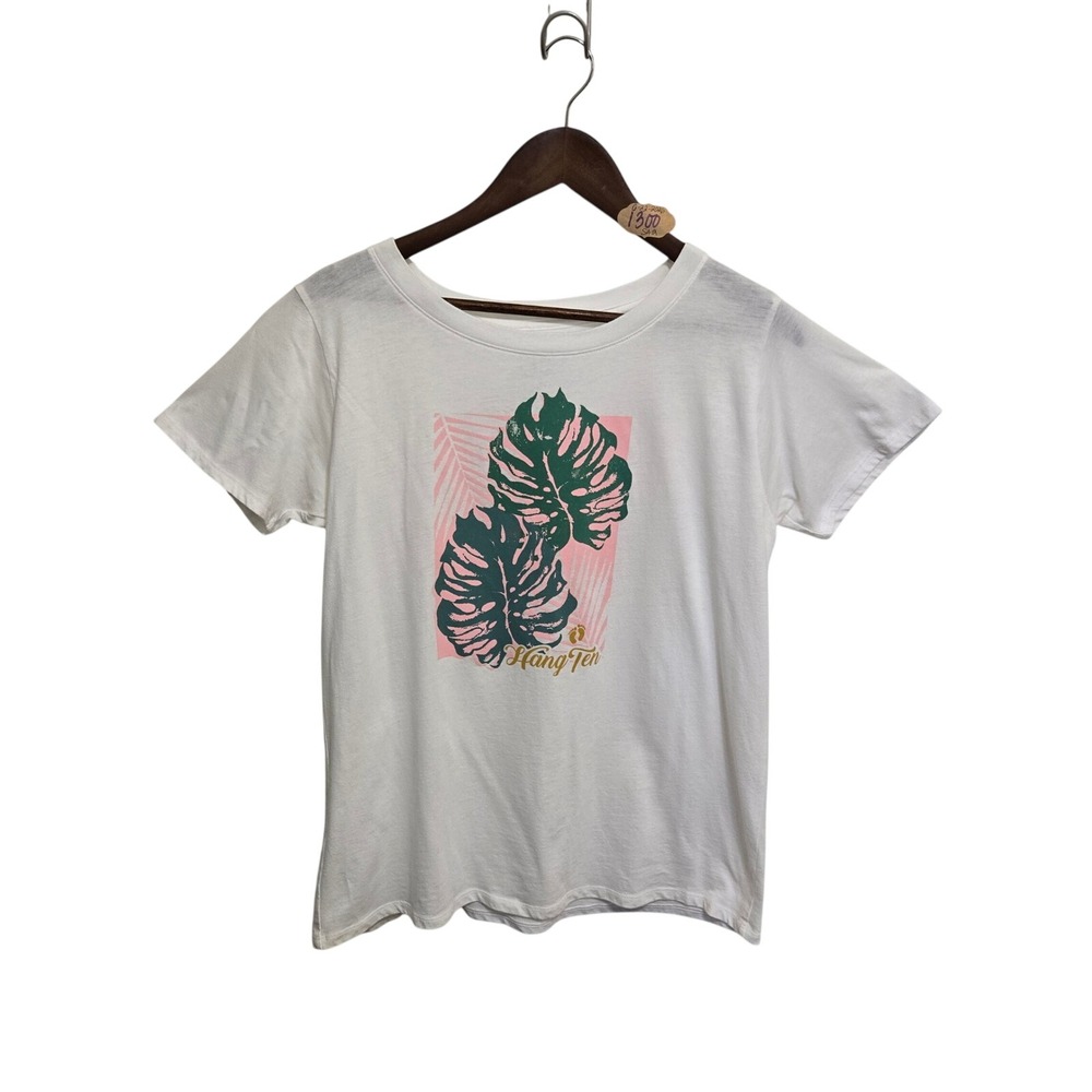 Hang Ten Womens White Tropical Monstera Leaf Graphic Premium Tee Shirt Medium